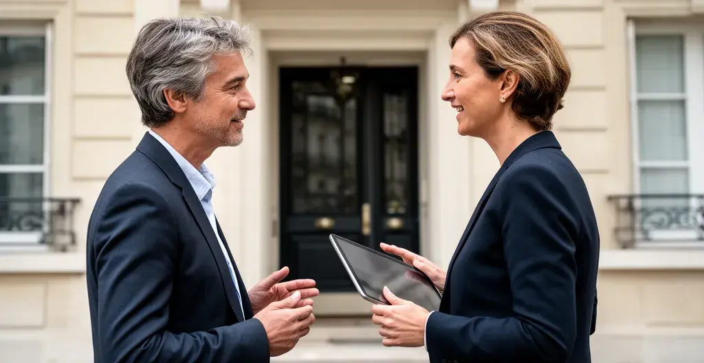 Propriétaire et gestionnaire locatif discutant devant un immeuble résidentiel aux Sables d'Olonne